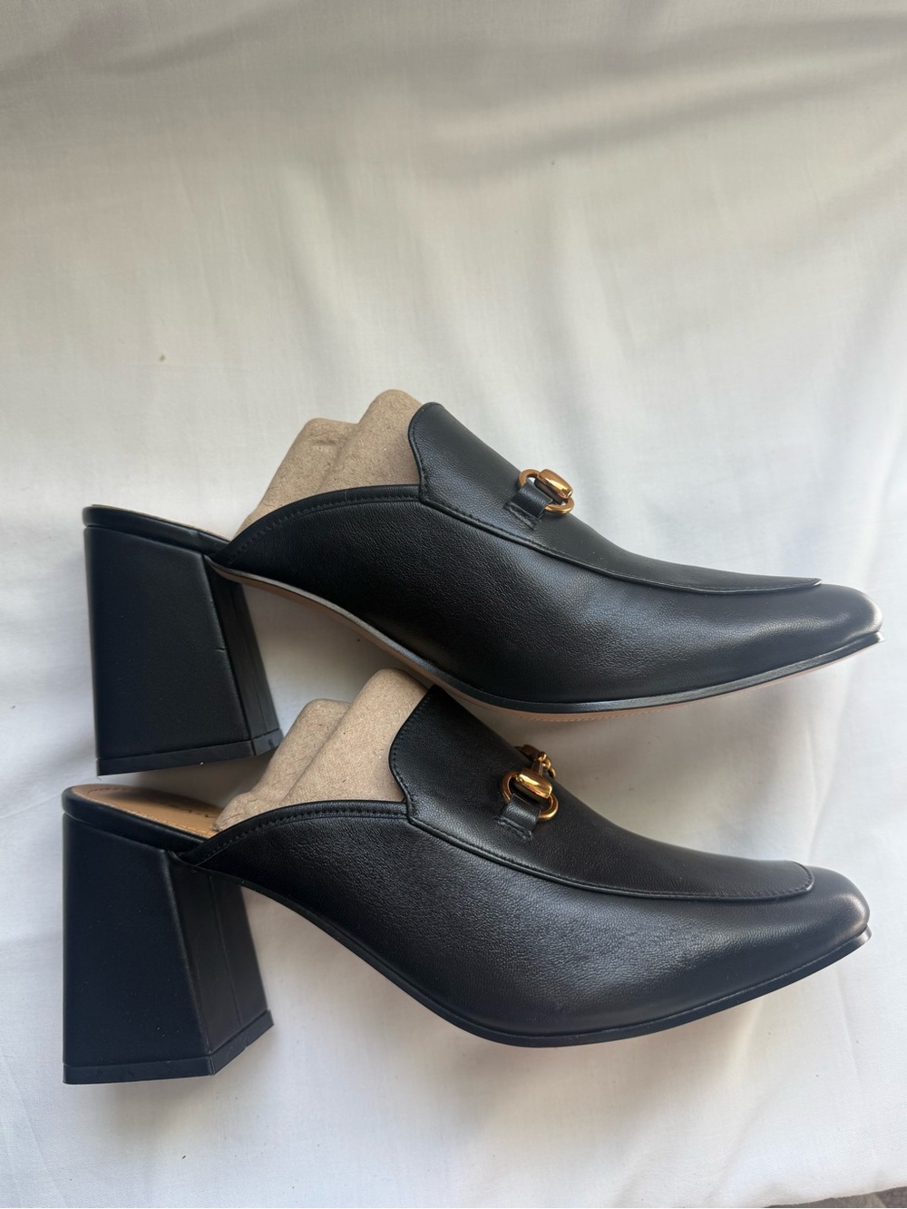 Lisa Vicky Black Leather Mule Block Heel Loafer Slides Gold Bit 11M